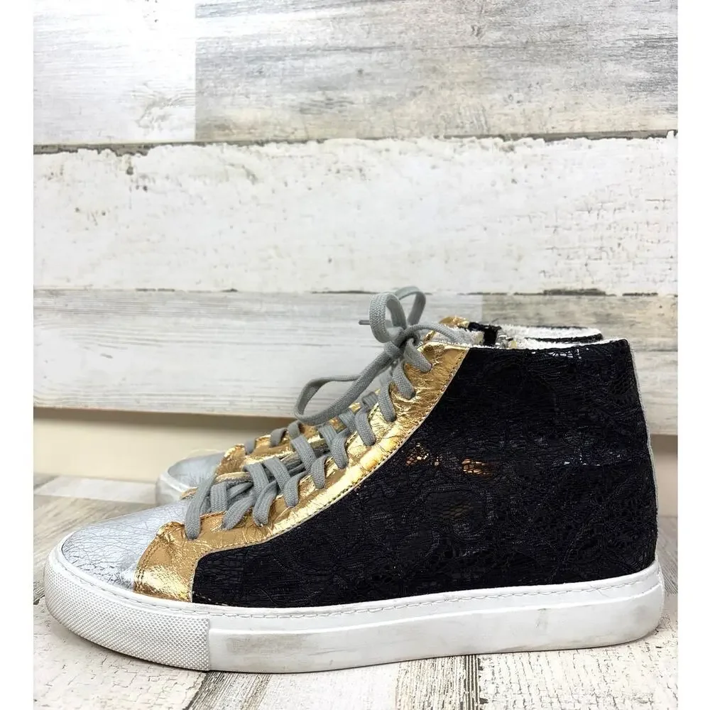 P448 Womens 10 Black Metallic Leather High Top Gold Lace Up Casual Sneakers